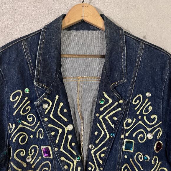 Vtg Embellished Denim Long Duster Jacket Gaudy Bejeweled Coat Women M* Heavy - Picture 6 of 12